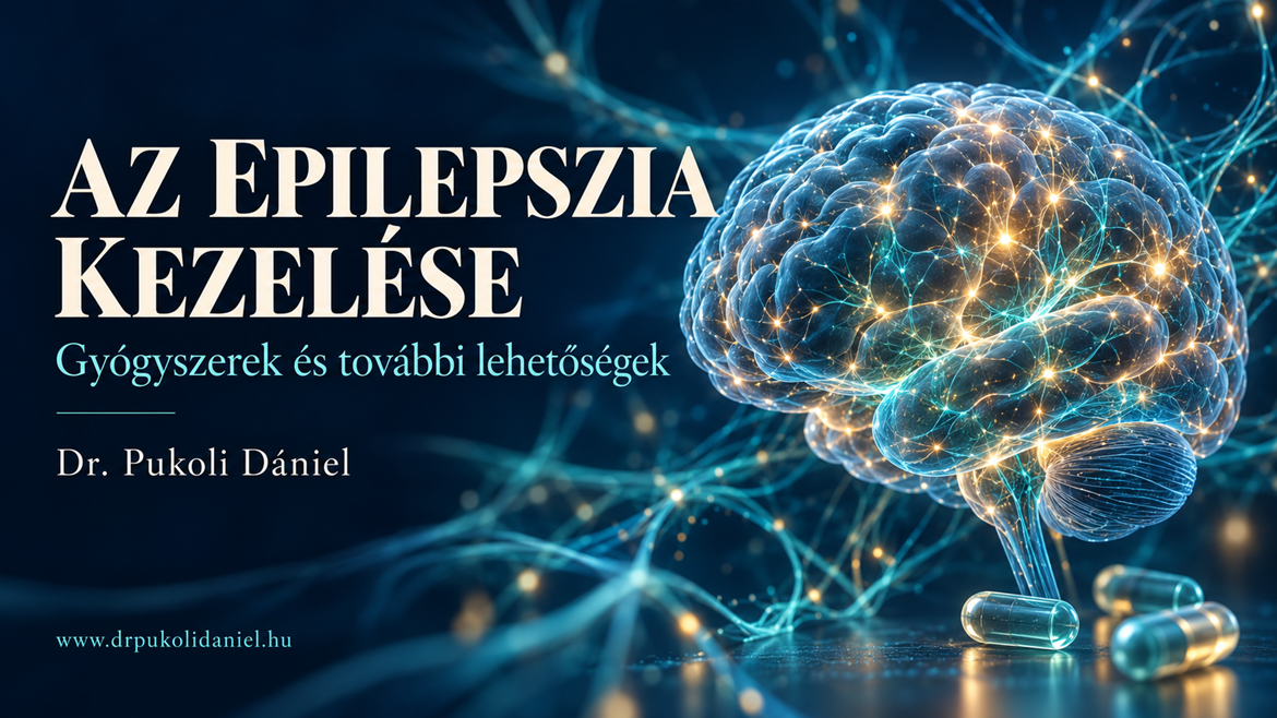 Az epilepszia kezeléséről szóló cikk borítóképe stilizált agyi ideghálózattal és a gyógyszeres kezelést jelképező kapszulákkal – Dr. Pukoli Dániel neurológus.