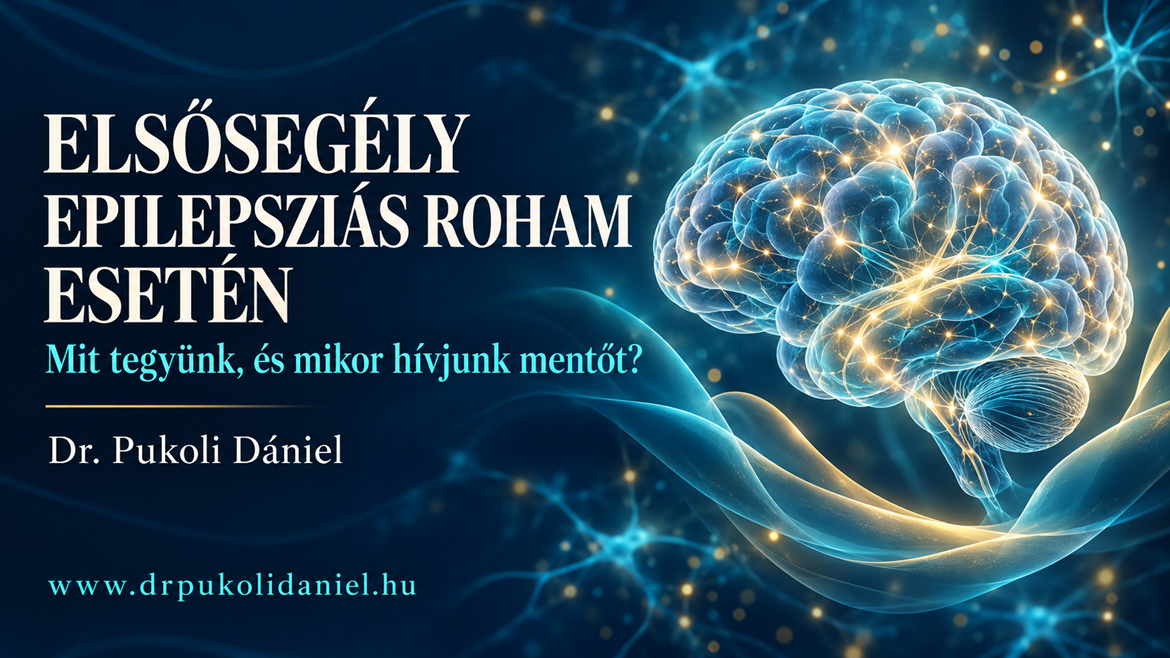 Az epilepsziás roham alatti elsősegélyről szóló cikk borítóképe stilizált agyi ideghálózattal – Dr. Pukoli Dániel neurológus.
