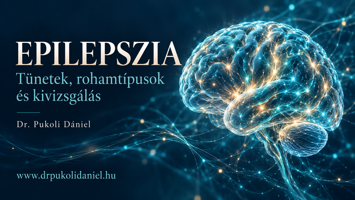 Az epilepszia tüneteit, rohamtípusait és kivizsgálását bemutató cikk borítóképe stilizált agyi ideghálózattal – Dr. Pukoli Dániel neurológus.